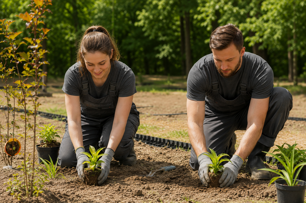 LandschaftsgärtnerInnen, die Pflanzen in ein Beet einsetzen
