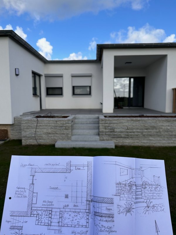 gartenplanung-realisierung-terrasse.jpg Eine handgezeichnete Gartenplanungsskizze im Vordergrund, die direkt vor der real umgesetzten, modernen Terrasse eines weißen Wohnhauses gehalten wird.