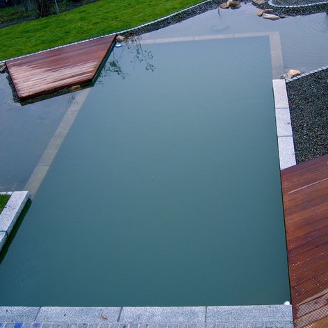 moderner-schwimmteich-gesamtansicht.png Großer, rechteckiger Schwimmbereich eines modernen Naturpools, umgeben von Holzdecks und einer Natursteinmauer.